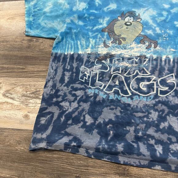 Vintage Six Flags Blue Mens XL‎ Tye Dye Taz Mania Looney Tunes T-shirt 90s - Picture 2 of 8